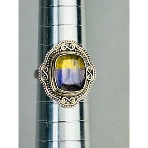 Sterling Silver Size 7.75 Purple & Yellow Faux Stone Ring Costume Jewelry .925